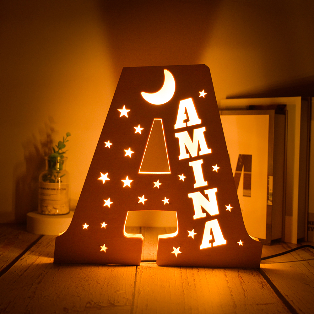 Personalized 26 Letters Hollow with Stars Wooden Lamp