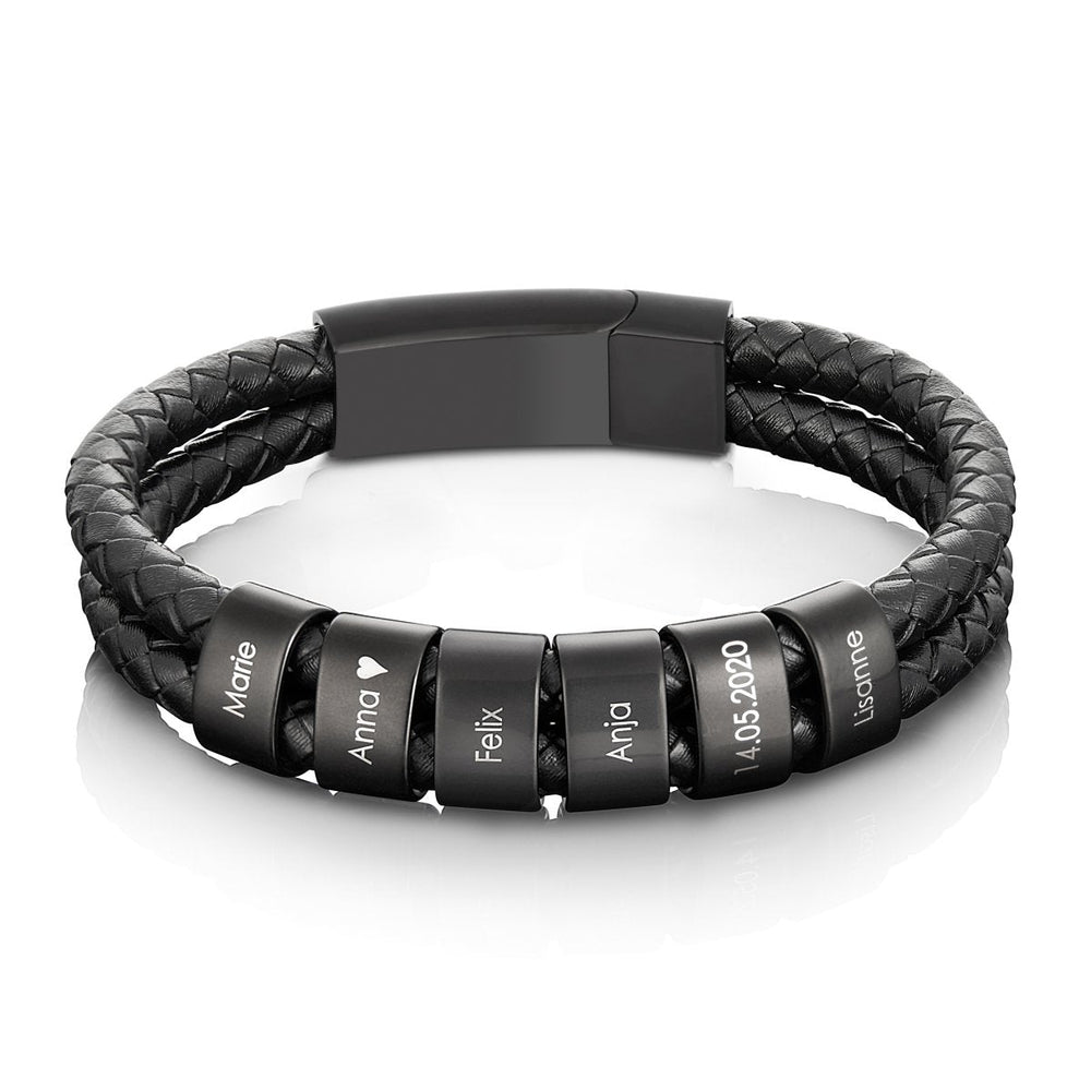 Custom double leather bracelet with black beads