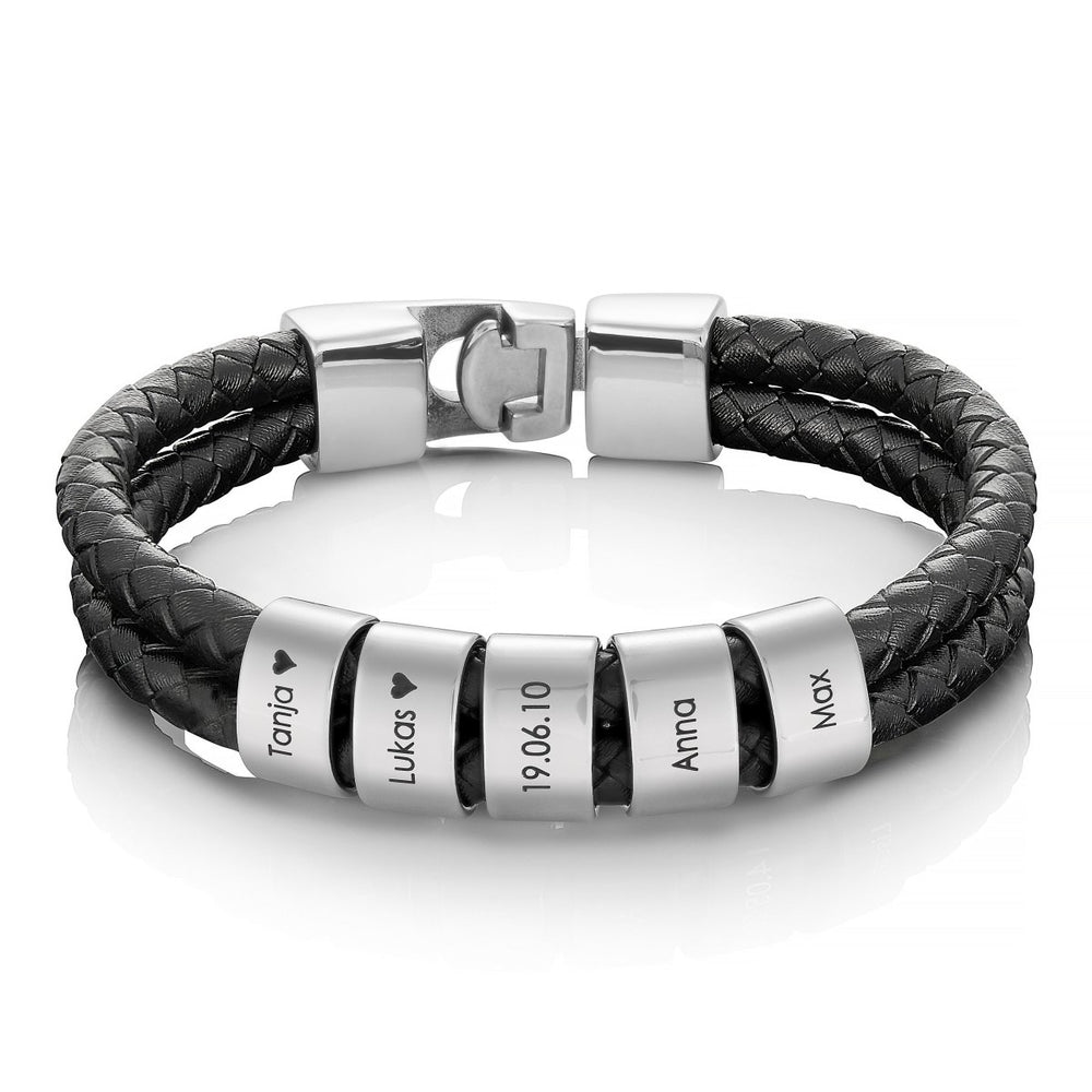 Custom silver beaded double leather bracelet