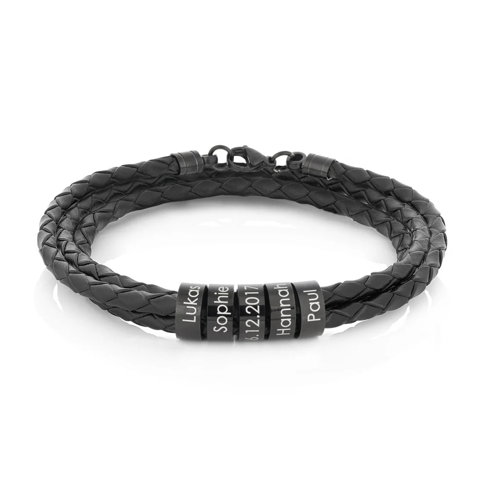 Custom black beaded triple leather bracelet