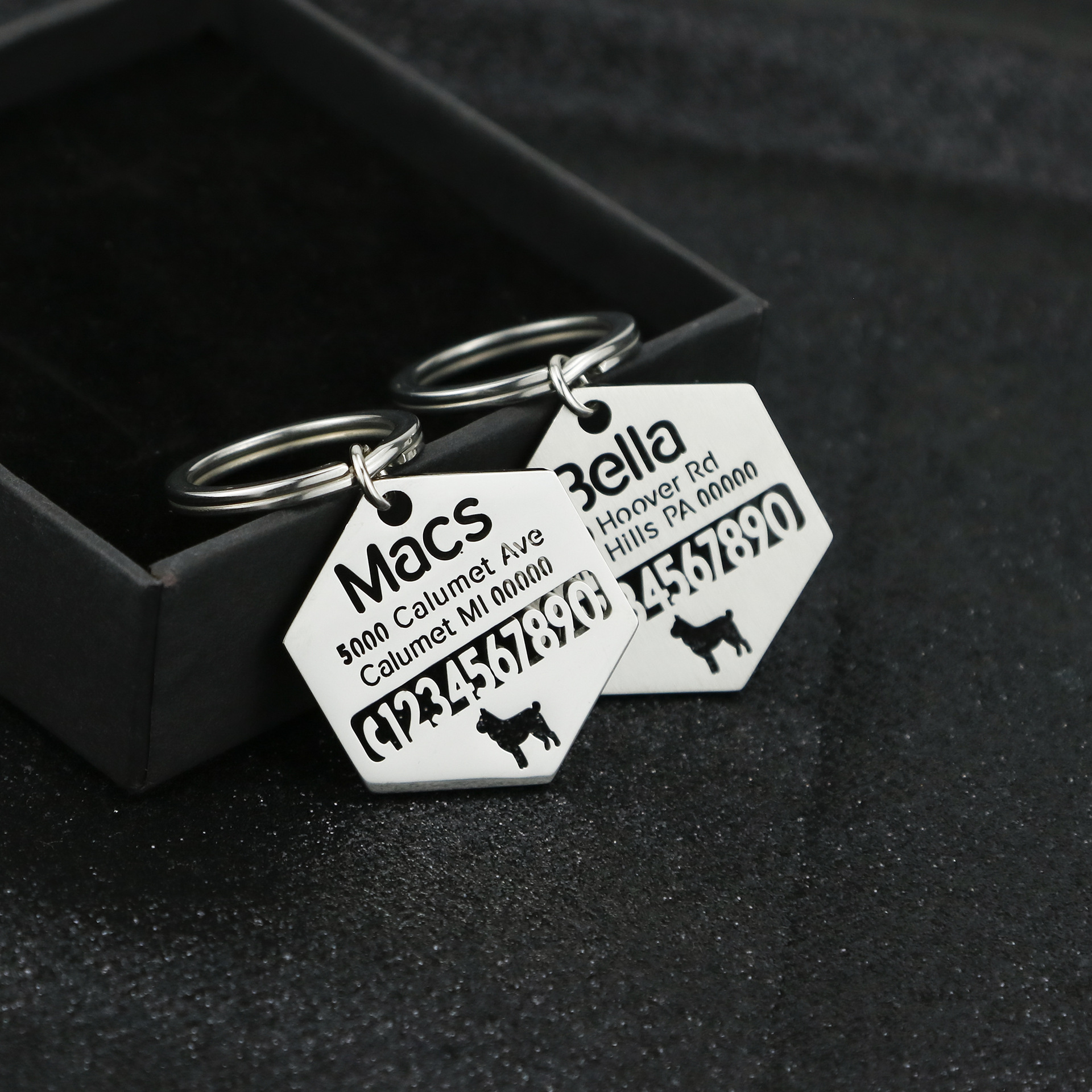 Custom stainless steel hexagonal name and phone keychain