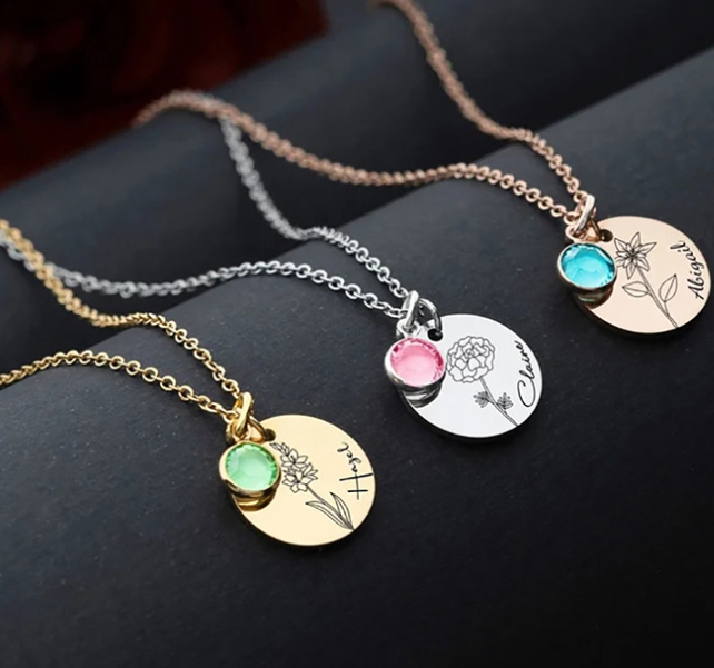 Personalized Birthday Flower Birthstone Name Necklace