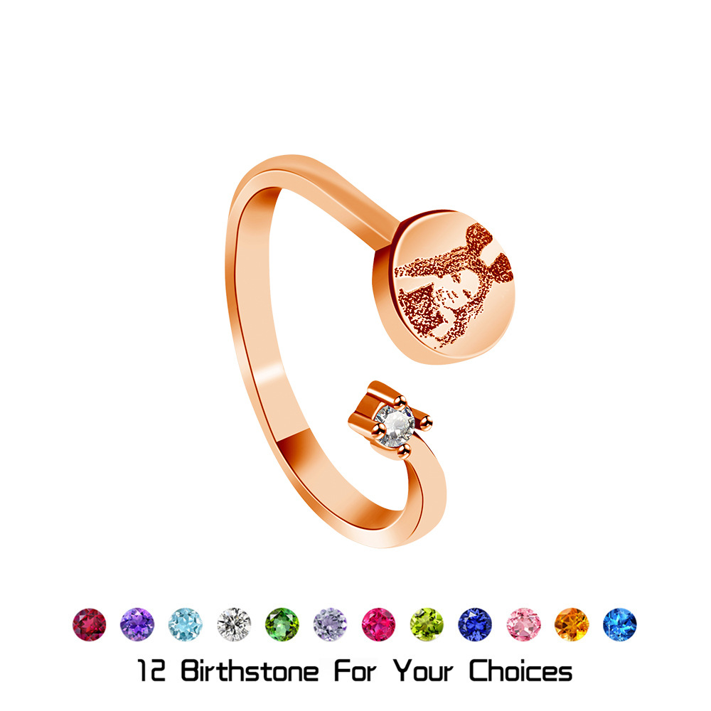Custom Birthstone Ring - Personalized Photo Engraving Jewelry, Couple Gift, Birthday Gift