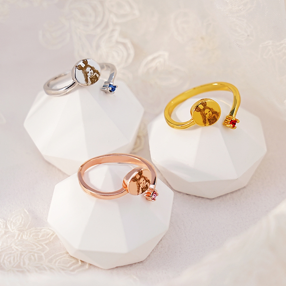 Custom Birthstone Ring - Personalized Photo Engraving Jewelry, Couple Gift, Birthday Gift