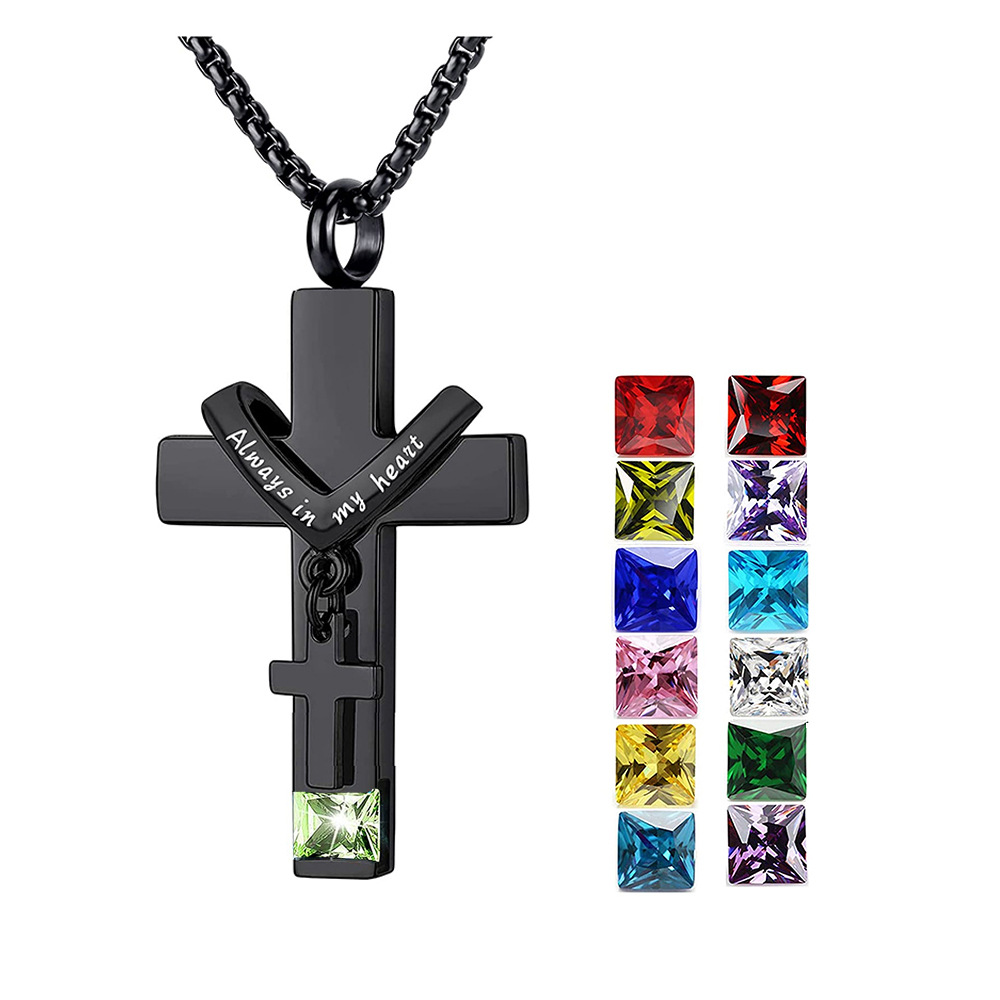 Personalized Pet Memorial Necklace - Custom Engraved Cross Pendant with Birthstone & Ashes Compartment - Stainless Steel Keepsake