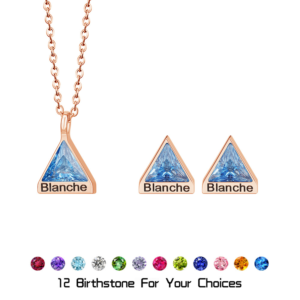 Geometric Birthstone Set - Custom Name Engraving Triangle Necklace and Earrings - Birthstone Matching Jewelry