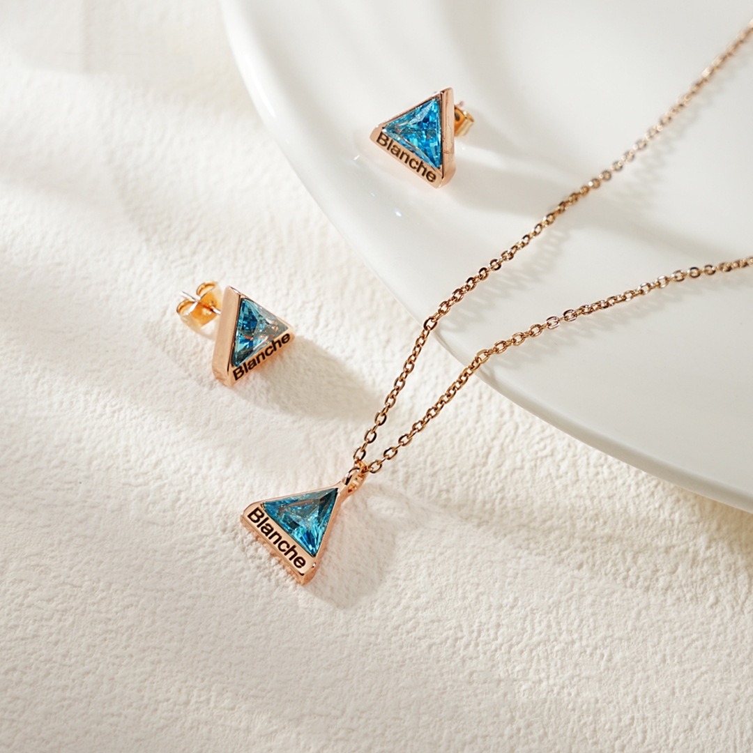 Geometric Birthstone Set - Custom Name Engraving Triangle Necklace and Earrings - Birthstone Matching Jewelry
