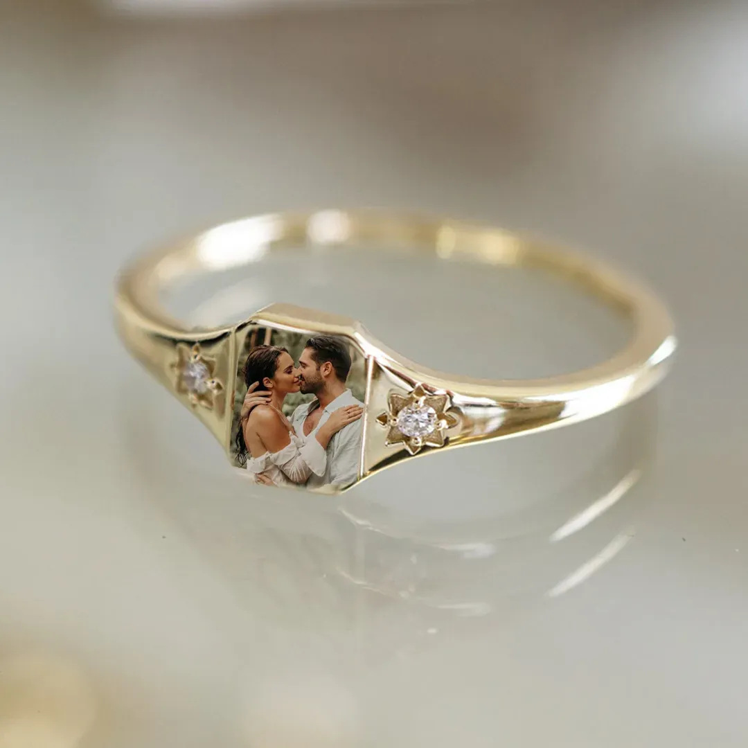 Custom Birthstone & Full-Color Photo Copper Ring - Personalized Engraved Memorial Jewelry, Anniversary Gift