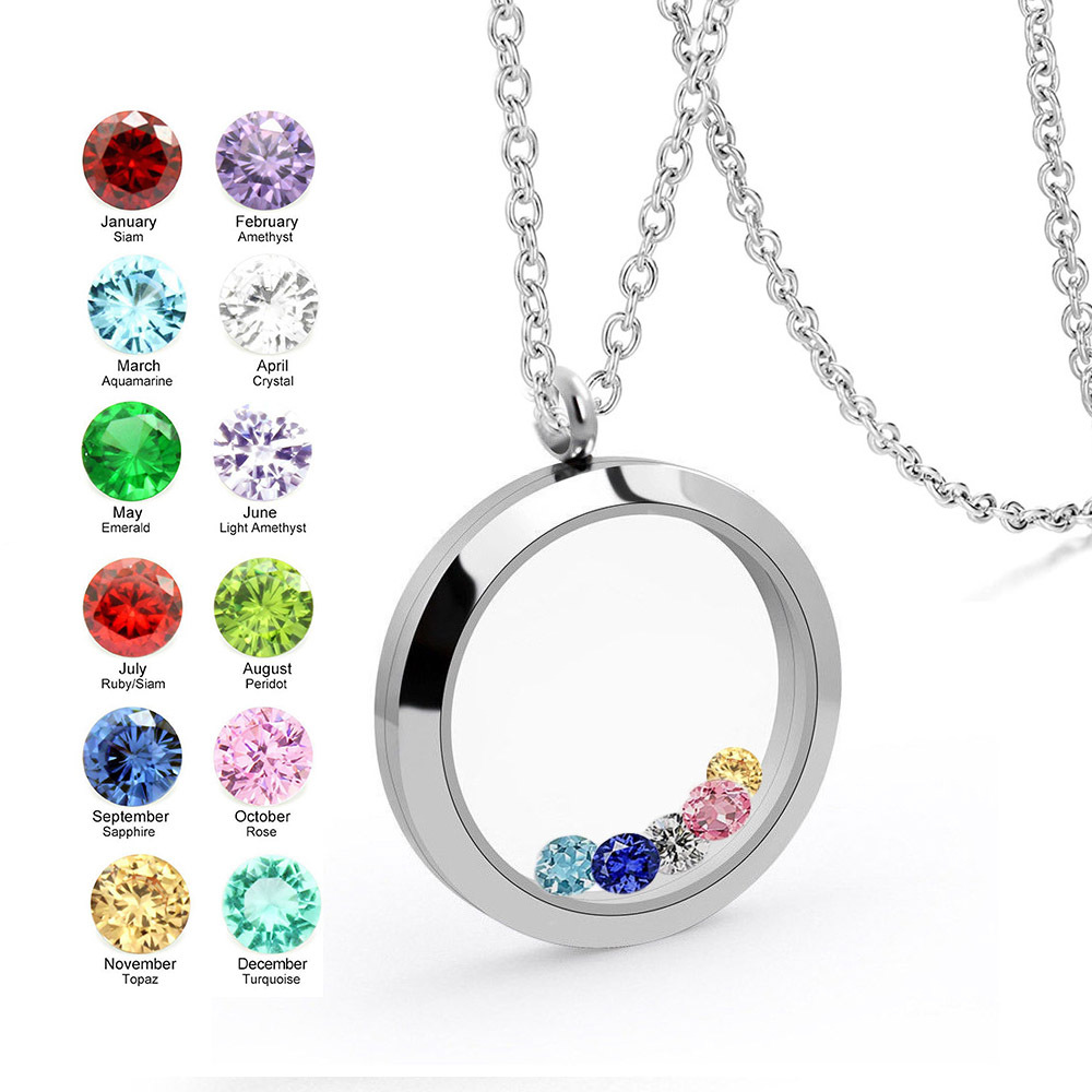 Customizable Glass Box Pendant with Free stacking Birthstones - Personalized Glass Frame Necklace