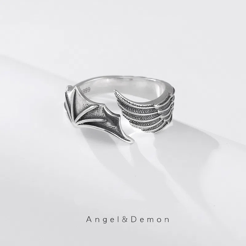 Retro Devil's Wing Ring, Customized Name Engraving Jewelry, Couple Ring, Gift for Lover