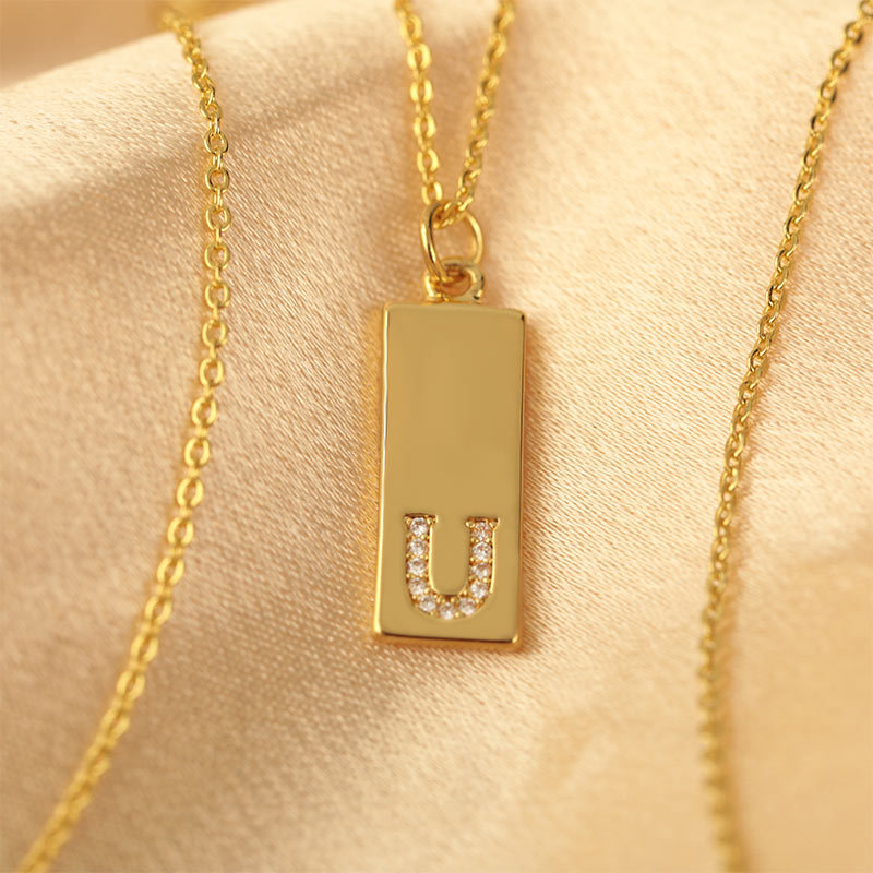 Minimalist Rectangle Initial Necklace - Custom Name Engraved with Zircon Accent, Birthday Gift, Unisex Accessories