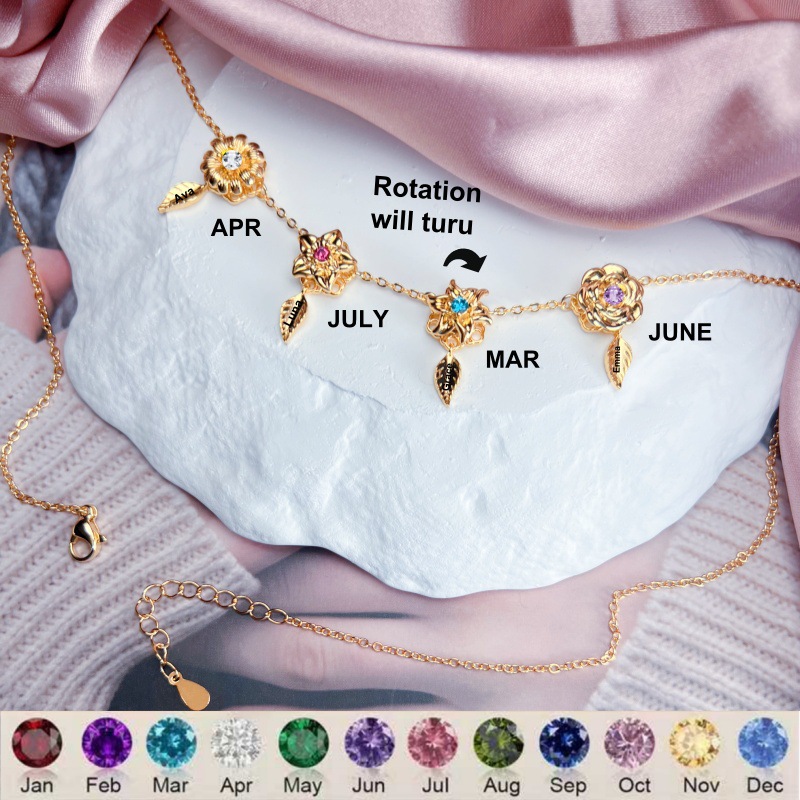 Rotating Birth Flower Necklace - Personalized Engraved Name & Spinning Floral Charm - Customizable Birth Month Jewelry with 12 Floral Motifs