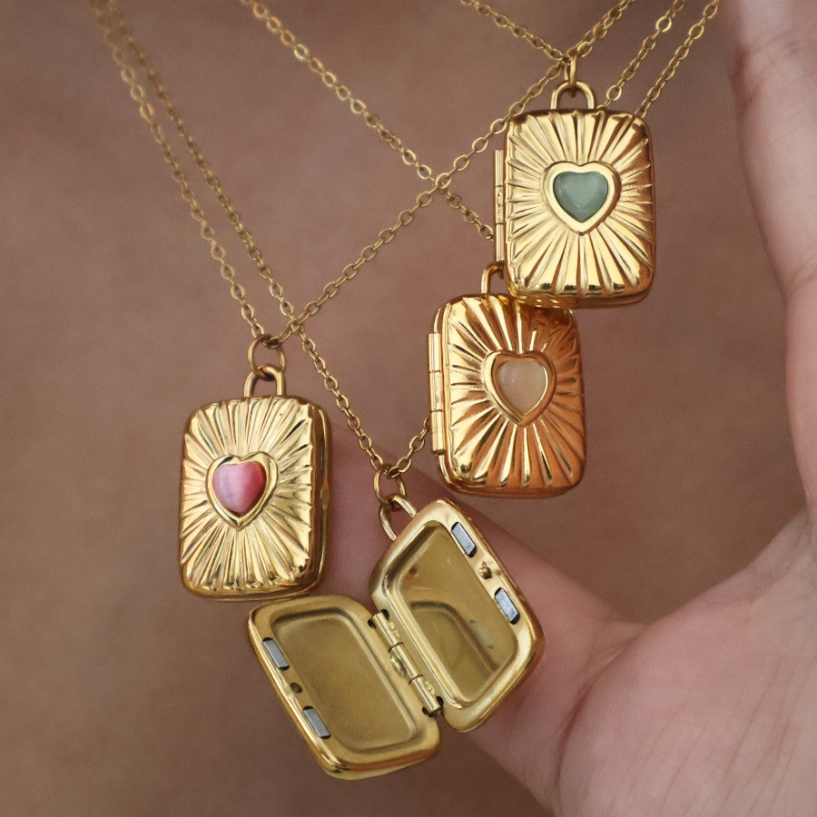 Personalized Magnetic Album Necklace - Double Photo Holder Pendant With Heart Cat's Eye Stone, For Custom Memories