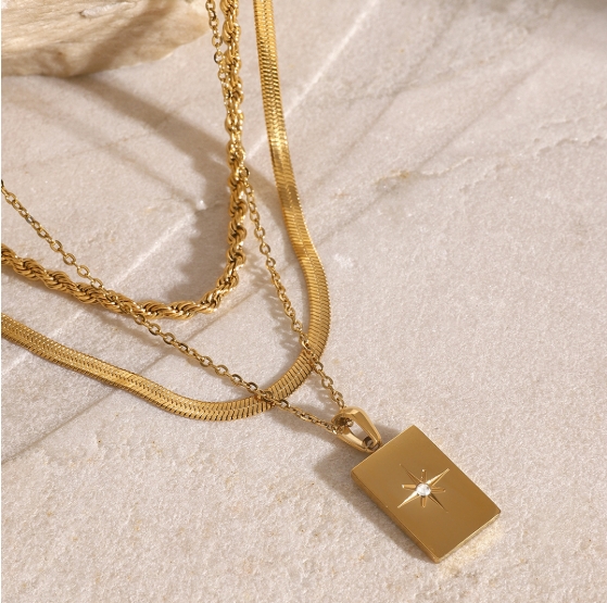 Stainless steel polished square star hollow three-layer pendant necklace
