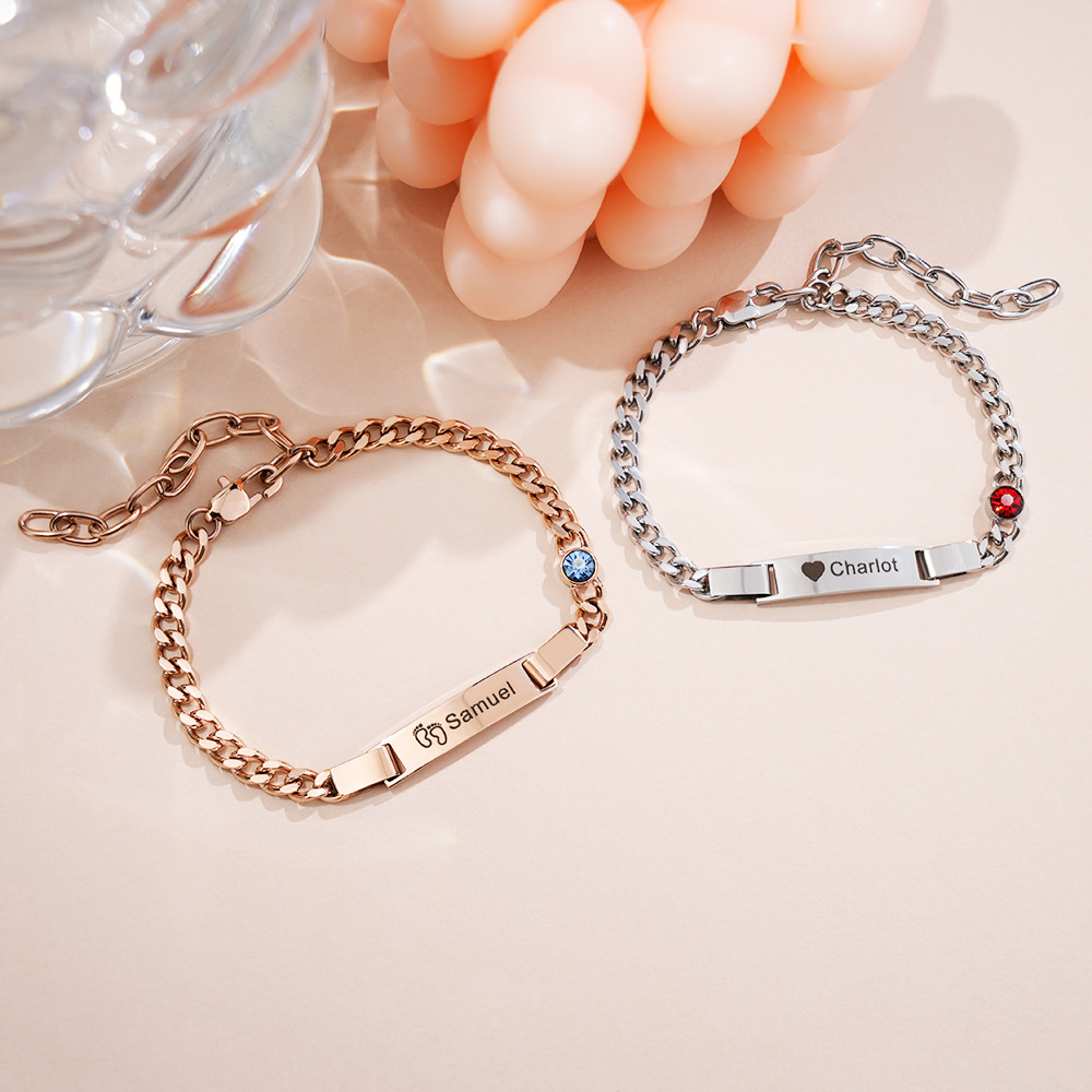 Custom Engraved Parent - Child Cuban Link Bracelets - Personalized Birthstone, Stainless Steel Curved Bar - Parent - Child Bracelet Set