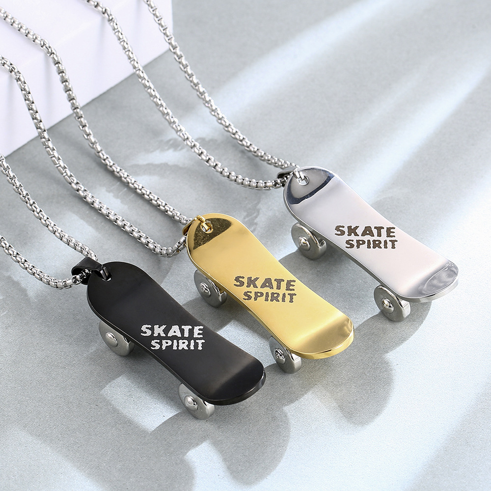Custom Name Engraved Skateboard Pendant Necklace with Spinning Wheels 