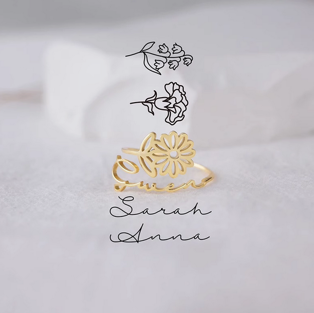 Custom Birth Flower Name Ring - Personalized Name Engraving Band - Birth Month Floral Jewelry Gift