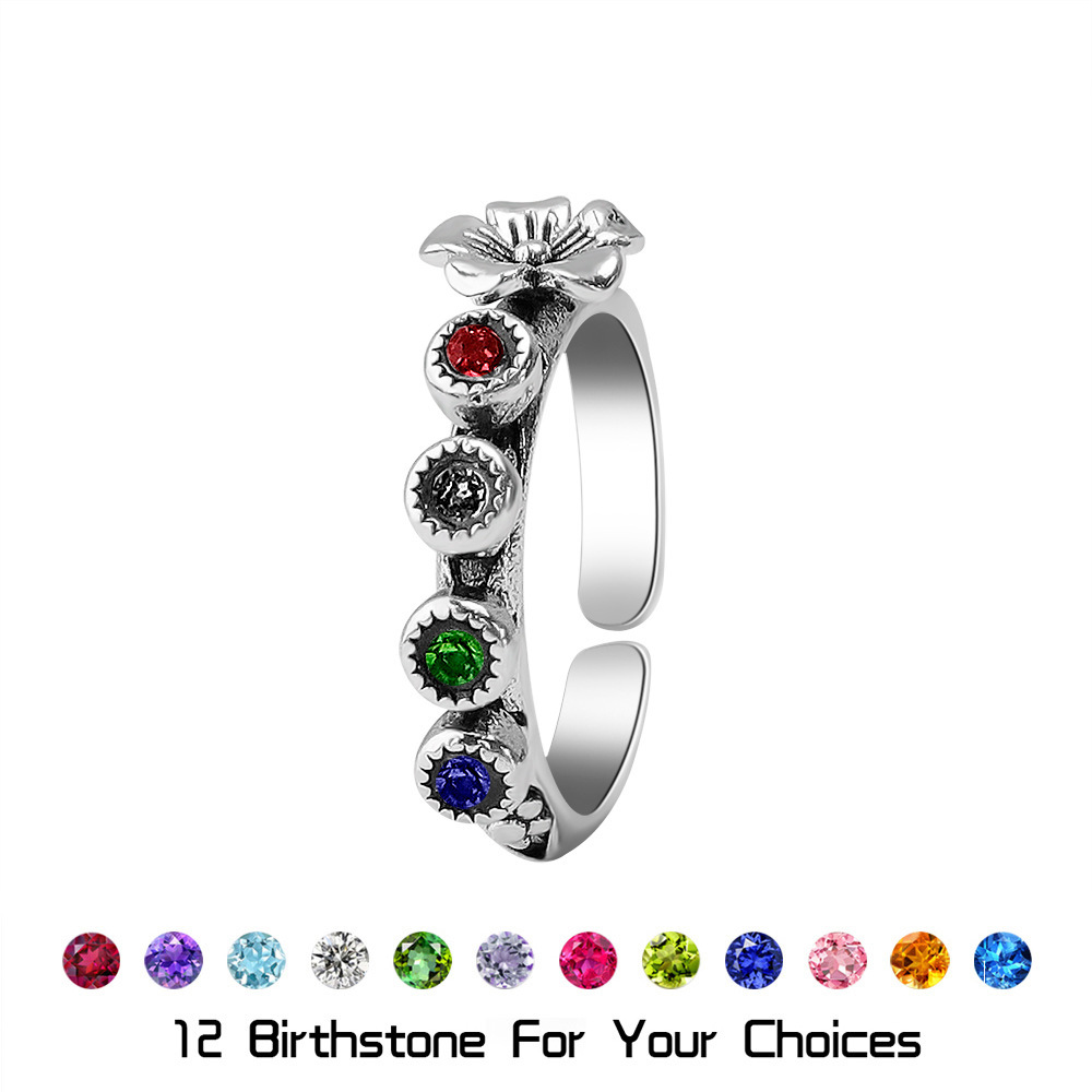 Custom 3D Floral Stack Ring with Birthstone Ring - Personalized Engraved Name Ring - Unique Birthday Gift