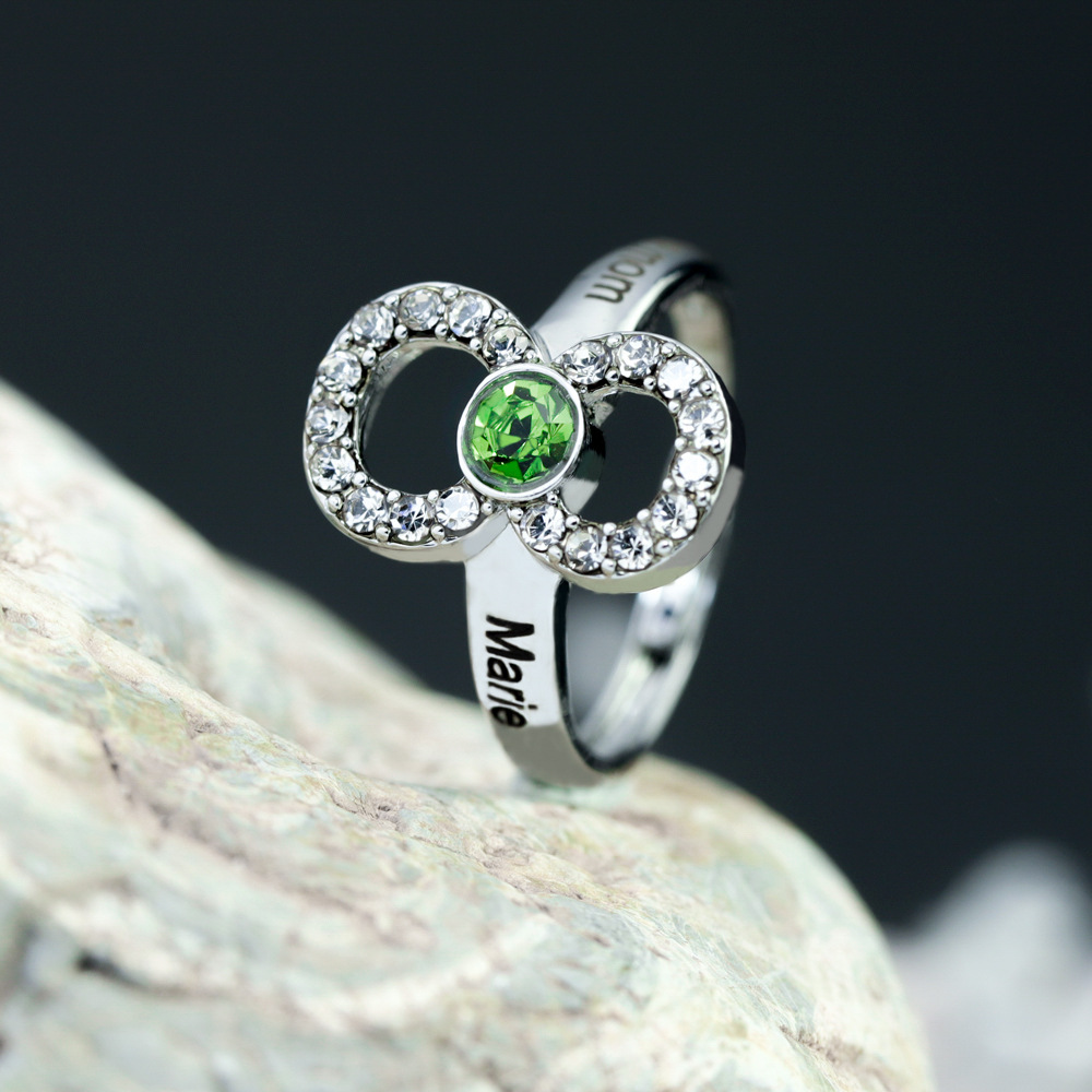 Pensonalized Infinite Ring with Zircon inlay and Birthstone - Custom Dual Name Engraved Copper Band - Couple Promise Jewelry