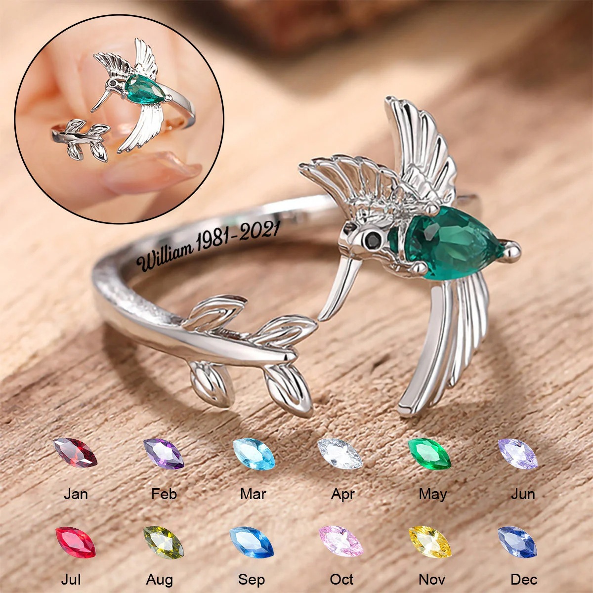 Custom Hummingbird Ring with Birthstone and Name Engraving - Adjustable Memorial Jewelry - Personalized Gift for Couple