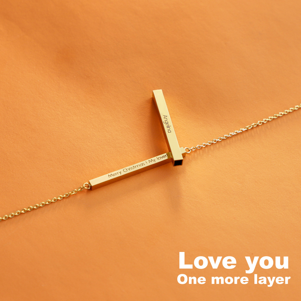 Custom Double Layer Scalable Bar Pendant - Personalized Name Engraved Necklace with Secret Message - For Couples and Loved Ones