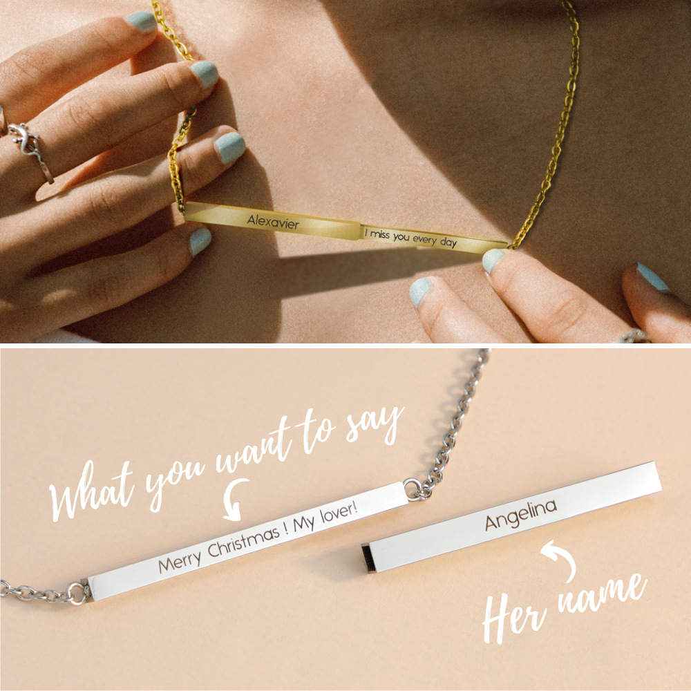 Custom Double Layer Scalable Bar Pendant - Personalized Name Engraved Necklace with Secret Message - For Couples and Loved Ones