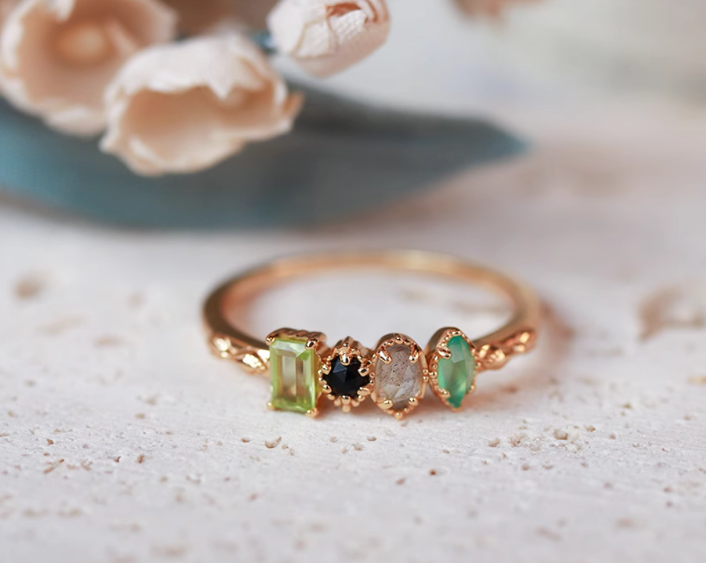 Custom Geometric Birthstone Ring - Personalized Copper Stackable Ring with Marquise Oval Round Cut Zircon - Minimalist Jewelry
