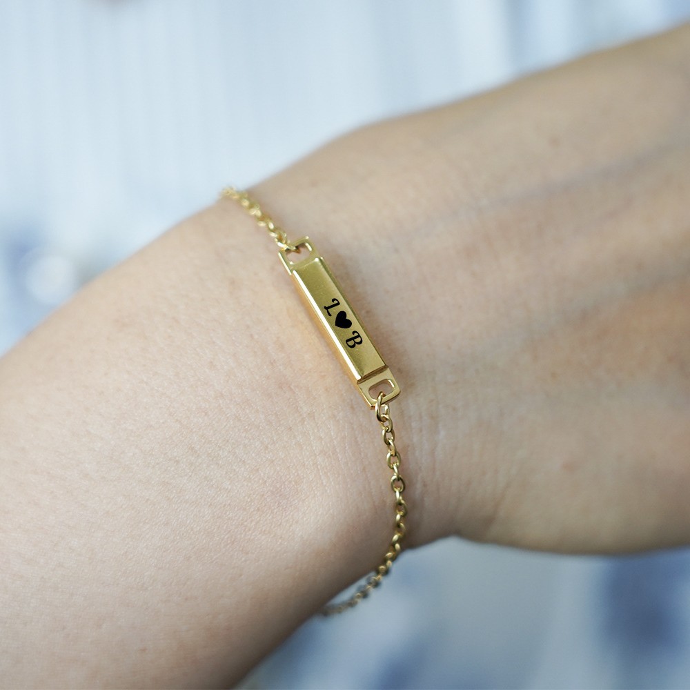 Custom Engraved Name Bracelet - Personalized Rectangular Bar Bracelet with Titanium Steel O-Link Chain or Wax Cord - Minimalist Couple Gift