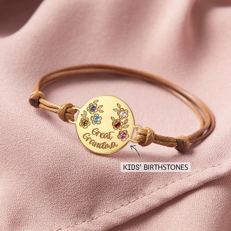 Custom Birth Flower and Birthstone Bracelet with Zircon Stones - Personalized Engraved Stainless Steel Disc - Adjustable Wax Cord Boho Jewelry (Up to 6 Flowers)