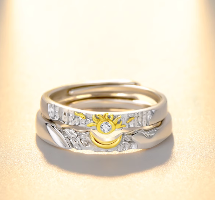 Sun and Moon Couple Rings Set - Personalized Engraved Copper Matching Rings - His & Hers Adjustable Wedding Bands - Minimalist Celestial Jewelry