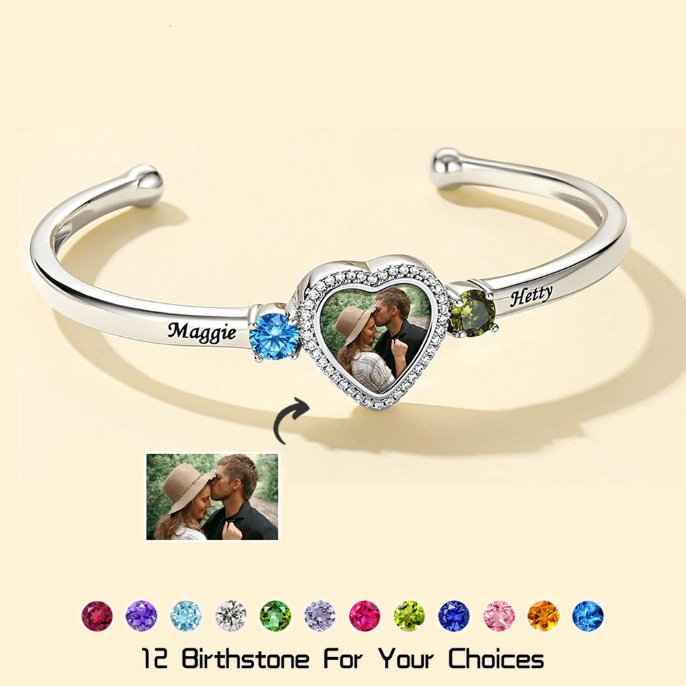 Trio of Love Custom Bracelet - Personalized Copper Bangle with 2 Birthstones, Engraved Names and Heart Photo - Adjustable Memorial Jewelry