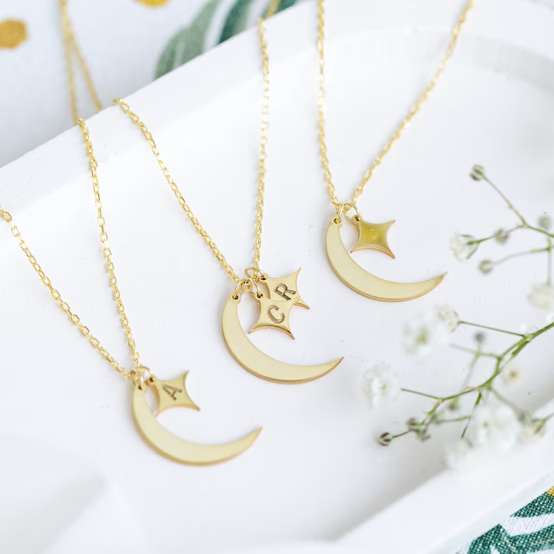 Custom Moon and Star Necklace - Personalized Engraved Pendant Stainless Steel Chain, Dainty Celestial Jewelry