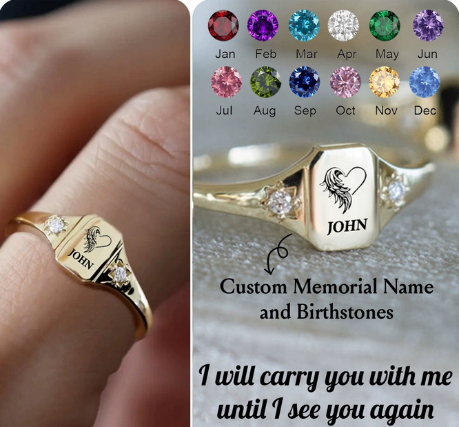 Personalized Memorial Birthstone Ring - Custom Engraved Birth Flower or Name Ring, Adjustable Copper Band, Heart Wing Jewelry for Loved Ones