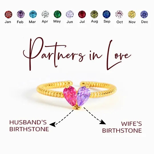 Partners in Love Custom Birthstone Ring - Interlocking Hearts Couple Ring with 2 Gemstones, Adjustable Copper Band, Personalized Anniversary Gift