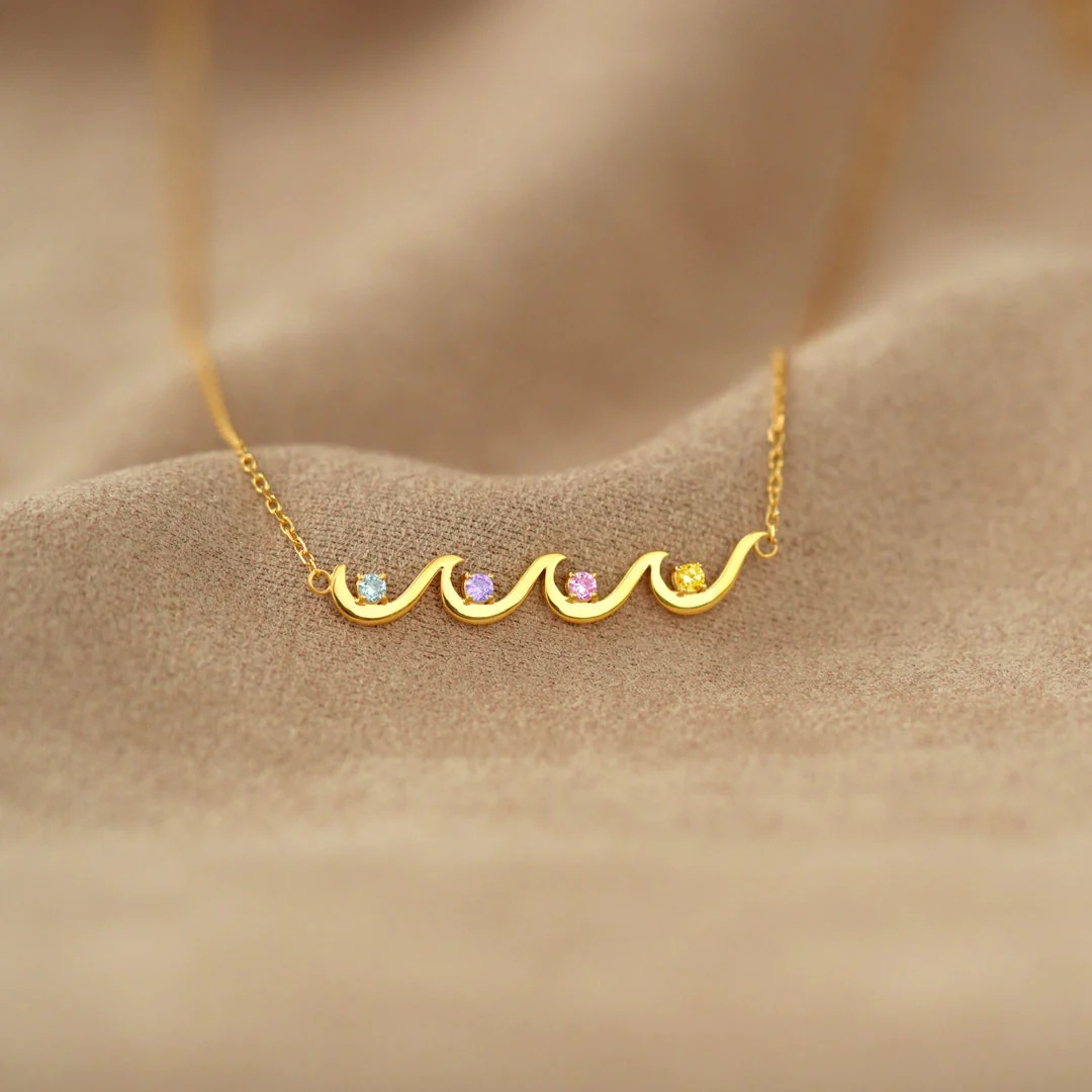 Custom Birthstone Necklace - Personalized 1-6 Gemstone Wave Pendant, 925 Sterling Silver O-Link Chain, Memorial Jewelry, Anniversary Gift For Her