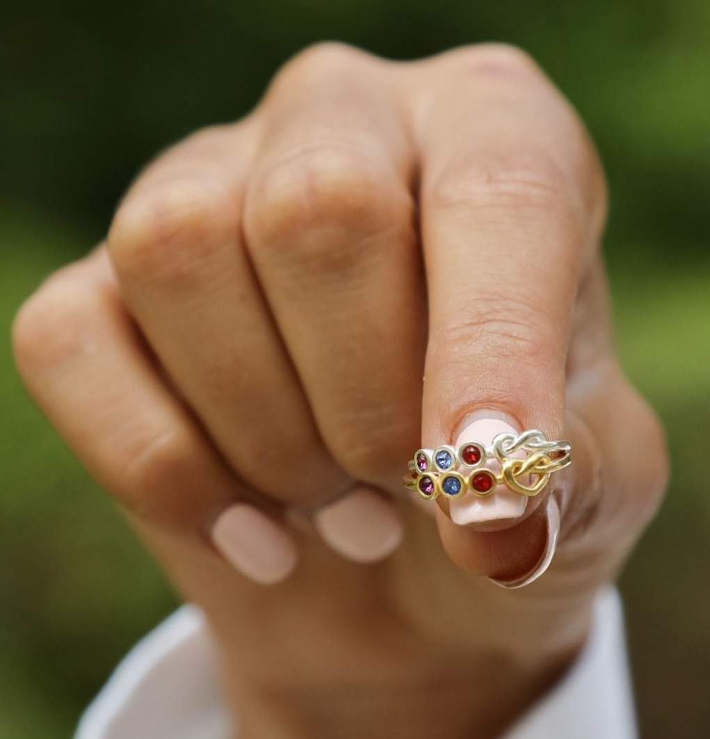 Personalized Knotted Heart Ring - Custom Birthstone and Engraved Copper Band, Minimalist Stackable Jewelry with 1-5 Gemstones