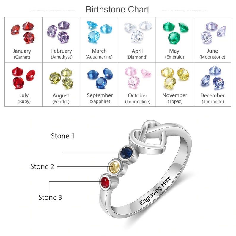 Personalized Knotted Heart Ring - Custom Birthstone and Engraved Copper Band, Minimalist Stackable Jewelry with 1-5 Gemstones