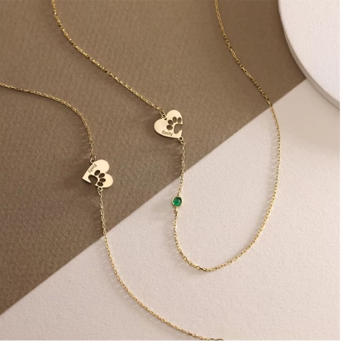 Pet Paw Print Heart Hollow Engraved Name Necklace