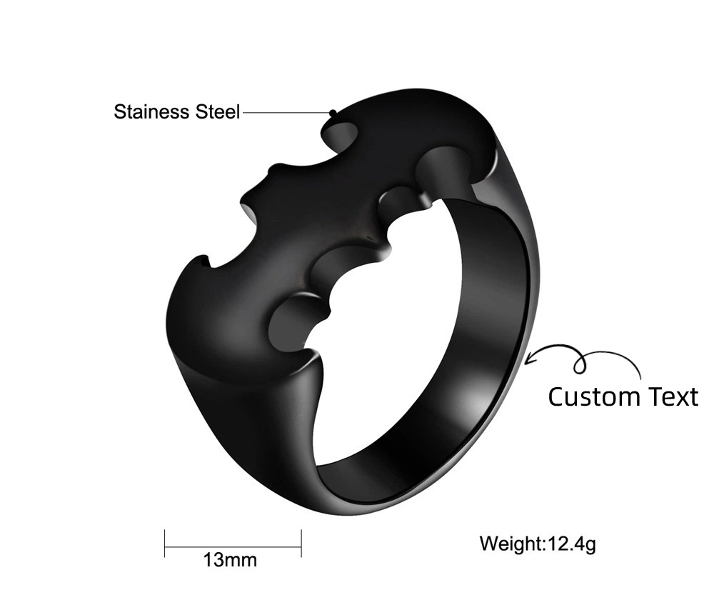 Personalizded Bat Wing Ring - Custom Engraved Stainless Steel Band - Vintage Punk Jewelry for Men