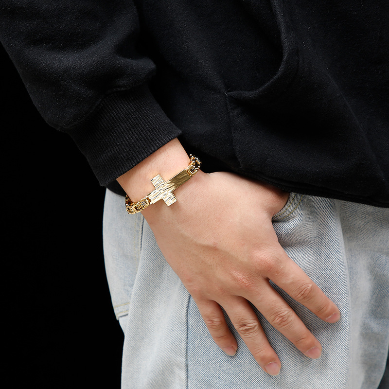 Custom Engraved Cross Bracelet - Hammered Texture Stainless Steel Chain - Minimalist Mens Jewelry - Birthday Gift For Him