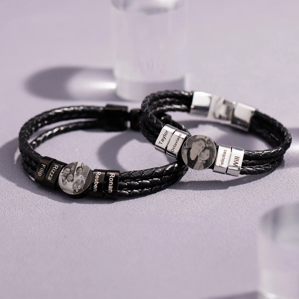 Custom Engraved Leather Bracelet for Men - Personalized Name Beads and Photo Charm - Braided Rope Cuff with Stainless Steel Clasp - Unique Mens Gift