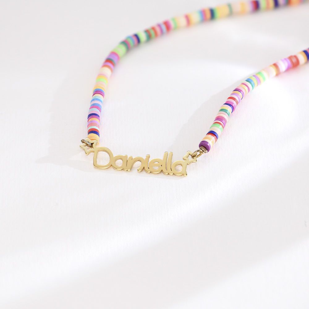 Personalized Kids Name Necklace - Colorful Ceramic Bead Chain with Stainless Steel Pendant - Custom Length, Back to School Gift