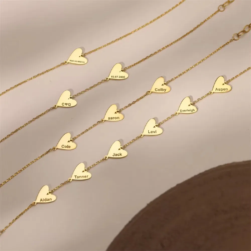 Custom Engraved Heart Charm Bracelet and Necklace - Personalized Minimalist Jewelry - 18K Gold Plated Stainless Steel - Adjustable Dainty Chain - Gift for Her