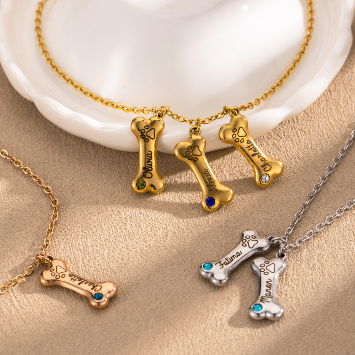 Personalized Dog Bone Necklace - Custom Birthstone and Engraved Pet Memorial Jewelry - 18K Gold Plated Stainless Steel - Adjustable Pet Loss Gift