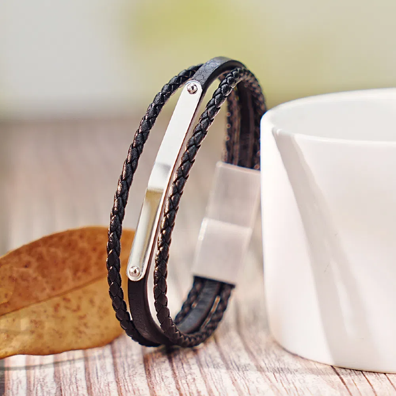 Personalized Leather and Steel Bracelet for Men 