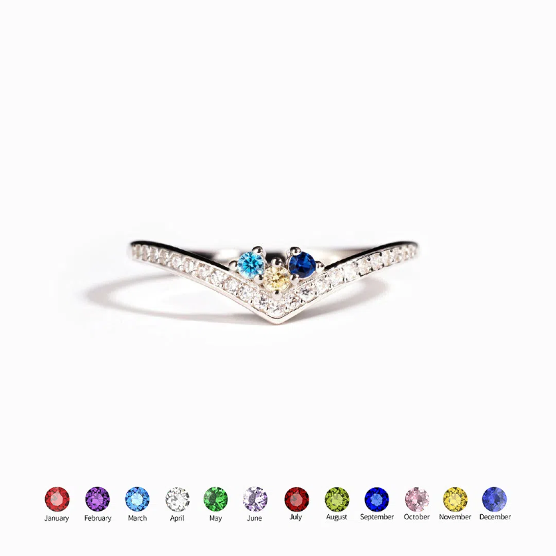 Personalized Crown Birthstone Ring - Custom 1-5 Zirconia V-Shaped Ring - S925 Sterling Silver Minimalist Stackable Ring