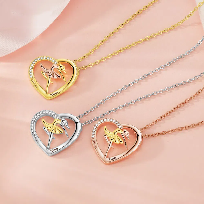 Personalized Ballet Dancer Necklace - Custom Engraved Heart Pendant with Ballerina Silhouette 