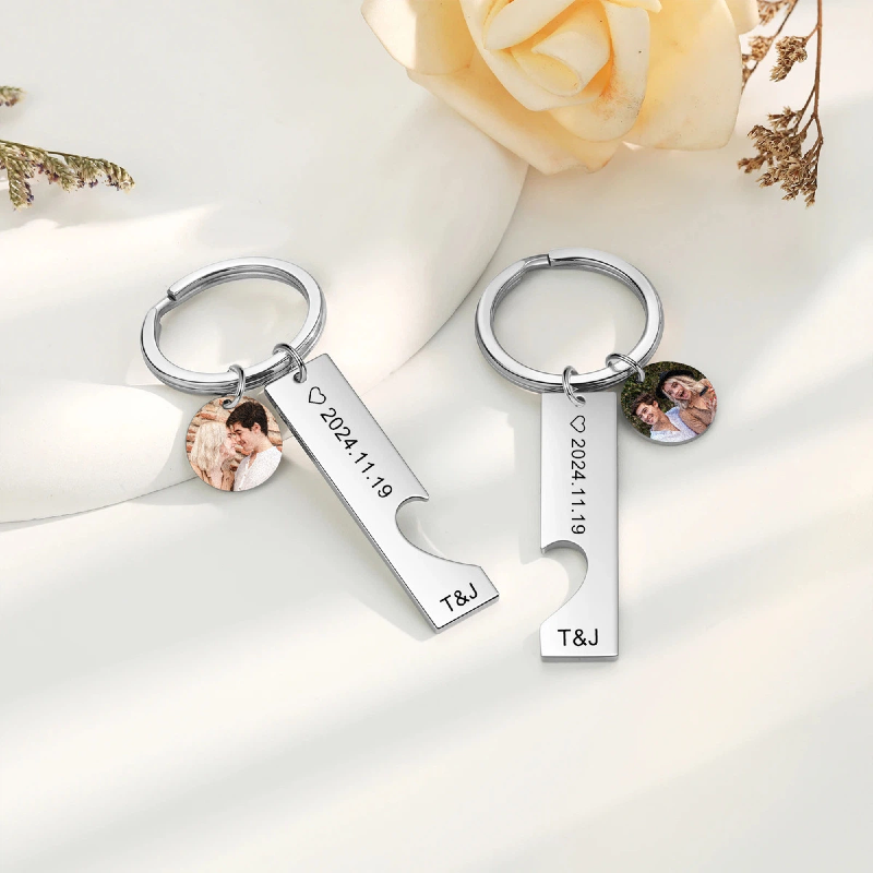 Custom Photo & Text Couple Keychains - Interlocking Heart Puzzle Design - Stainless Steel Matching Keychain Set