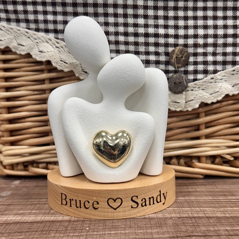 Personalized Couple Ceramic Figurines - Custom Engraved Wooden Base - Handmade Home Decor for Newlyweds