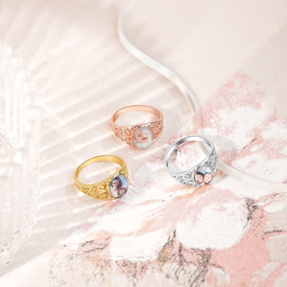Custom Vintage Photo Copper Ring with Hollow out Floral Engraving - Persoalized Gift